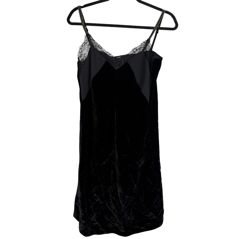 Maje Black Crushed Velvet Lace Trim Slip Dress Size 1 Adjustable Straps